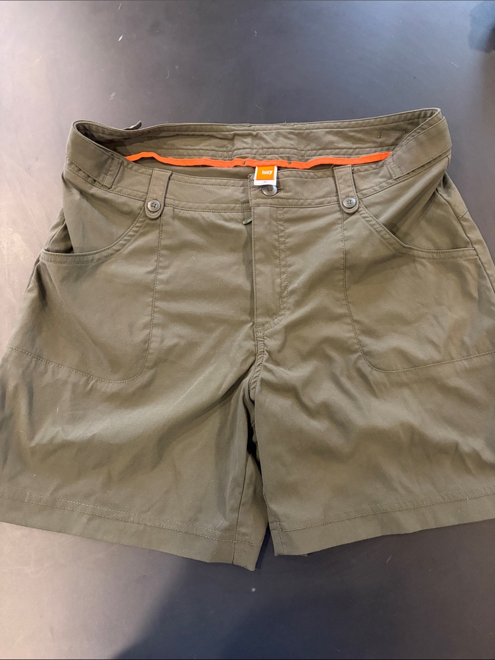 Lucy Olive Green Flat-Front Utility Shorts with Orange Trim